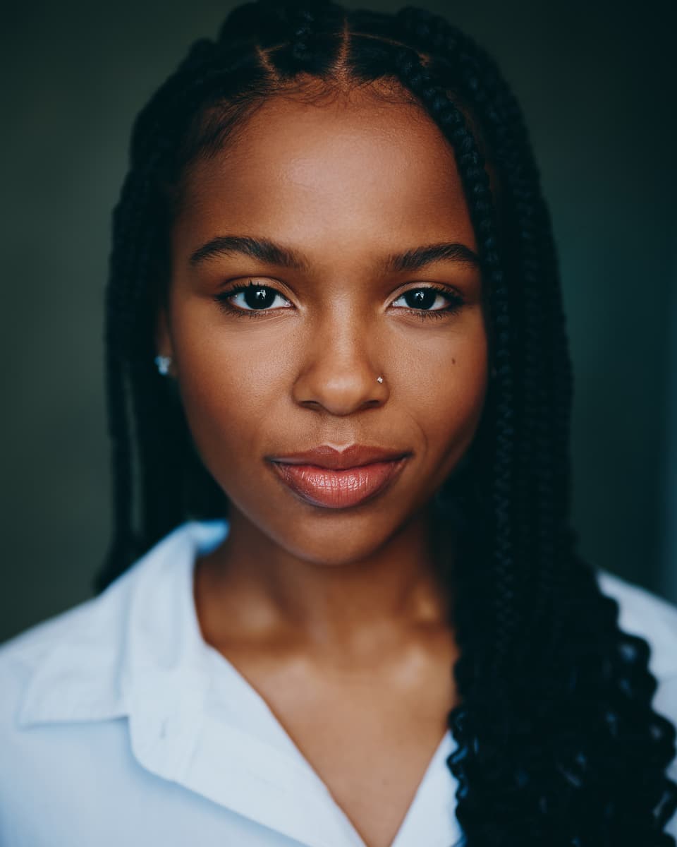 Theatrical studio headshot of a young woman with long box braids, a nose ring, and a diamond stud earring, wearing a white collared top, with a calm and direct expression against a dark teal background
