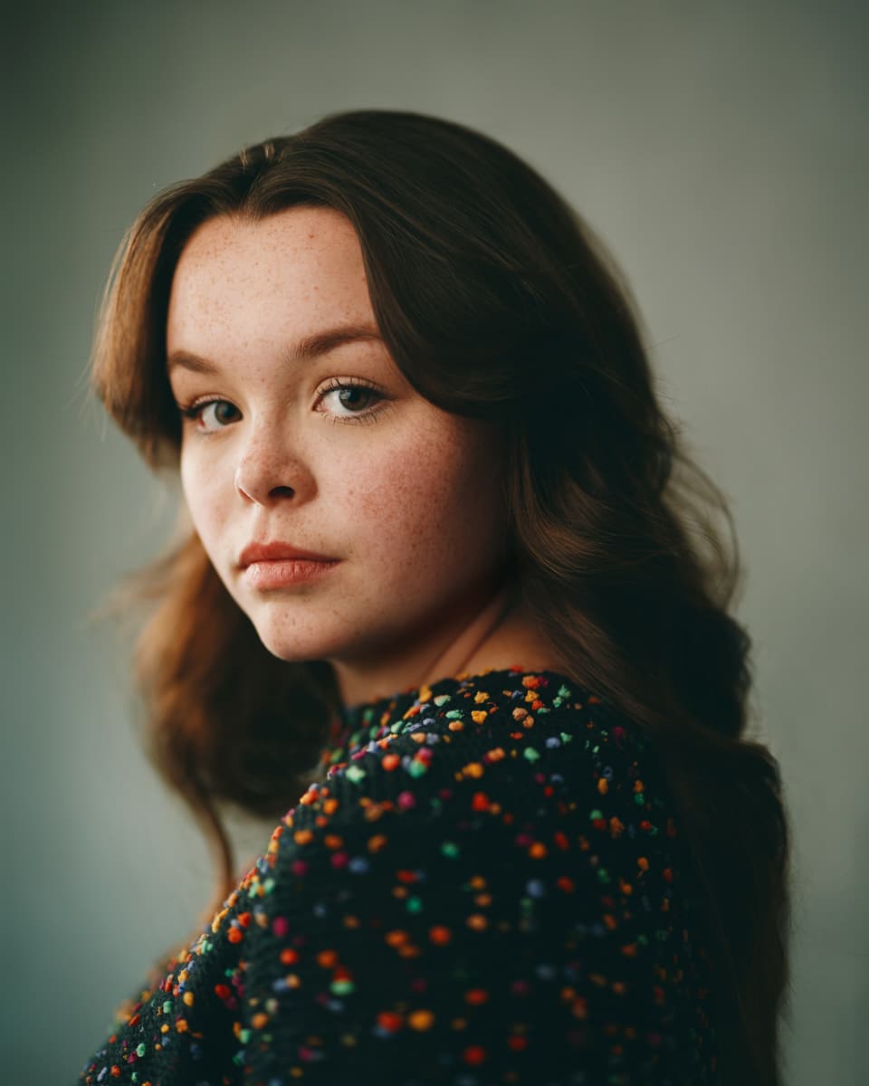 Toronto performing artist headshot of a young woman with wavy auburn hair, freckles, and a nose ring, wearing a multicoloured knit sweater and glancing back over her shoulder with a soft gaze against a neutral grey background